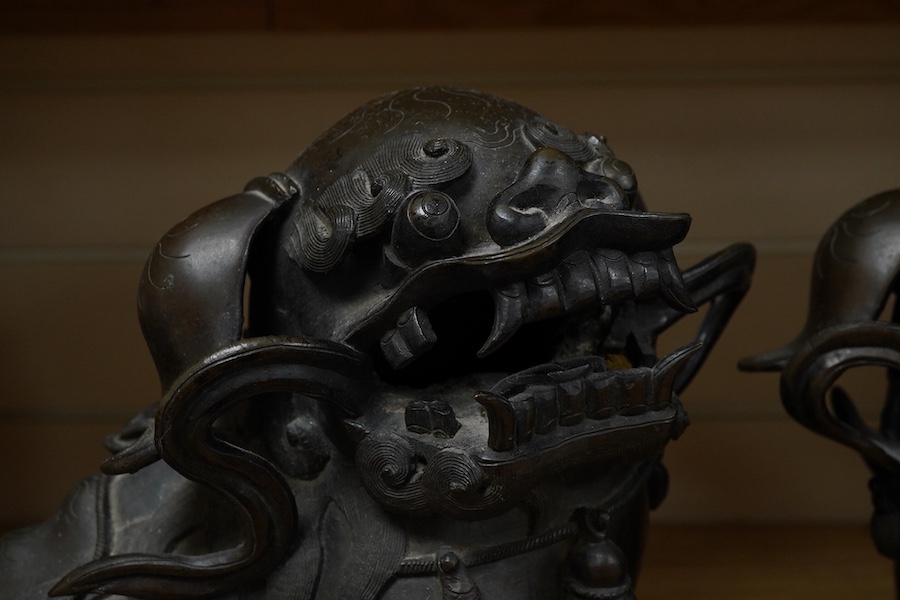 A pair of large 19th century Chinese bronze lion dogs, 26cm